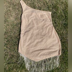 PrettyLittleThing Nude one shoulder beaded fringe bottom Body-con Mini Dress 12